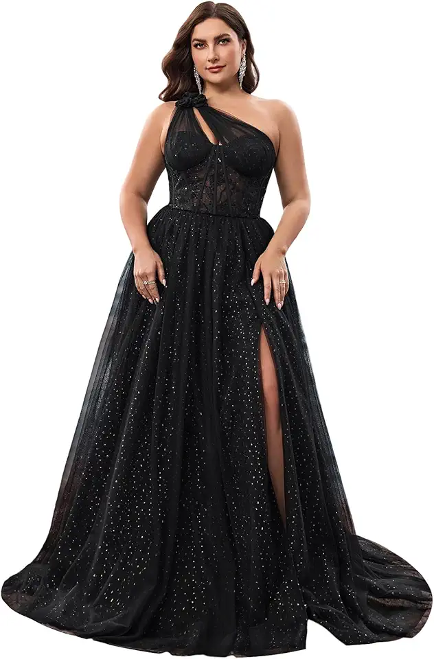 BluePlum Plus Size Wedding Guest Dress with One-Shoulder & Sequined, High Slit & Sleeveless Style Formal Maxi Dress